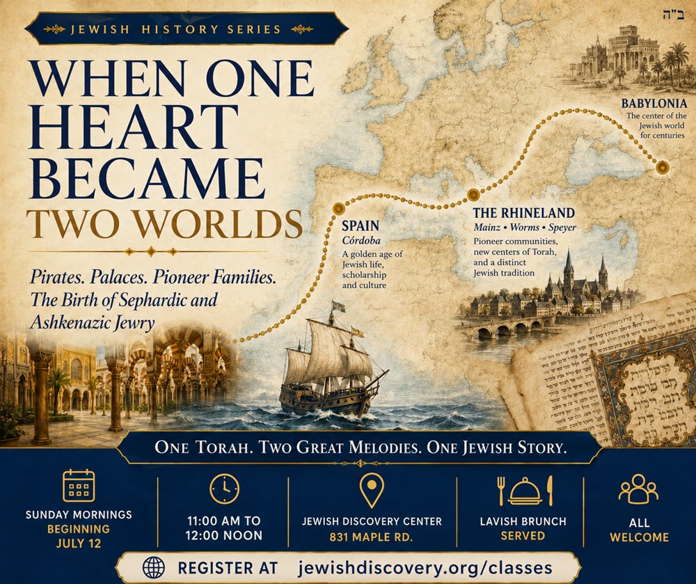 When One Heart Became Two Worlds — a Jewish History Series, Sunday mornings 11:00 AM to 12:00 noon at the Jewish Discovery Center