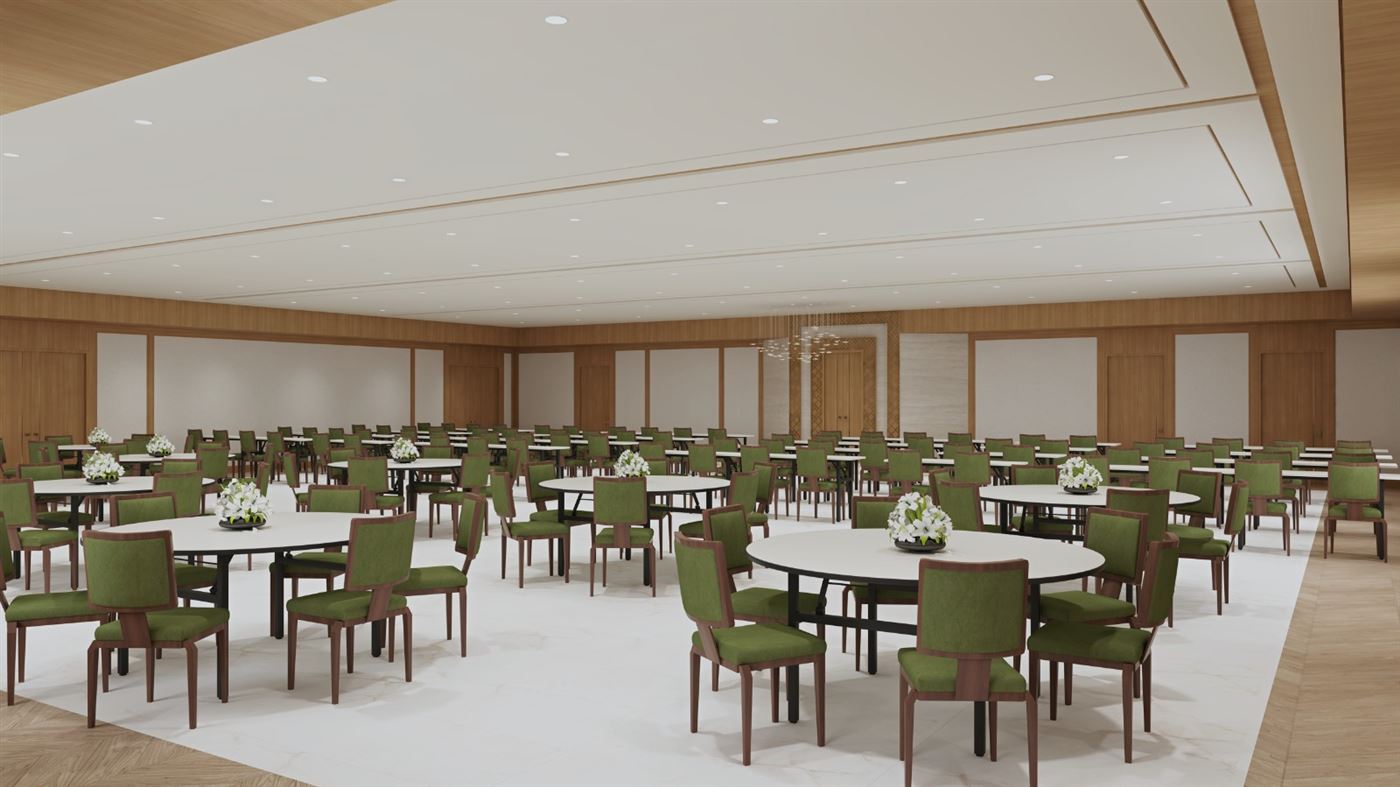 Architect's rendering of the ballroom set with round tables for a celebration